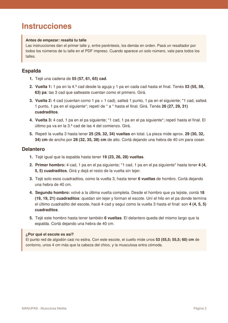 Página de instrucciones del patrón