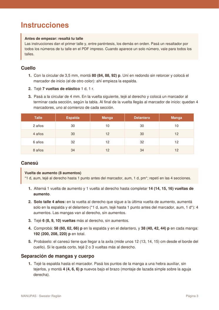 Página de instrucciones del patrón