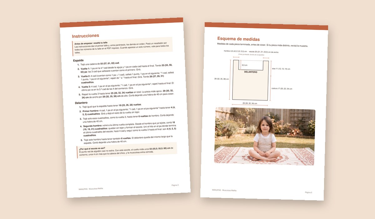 Dos páginas del patrón en PDF: instrucciones y esquema de medidas