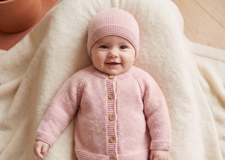 Bebé con el saquito con botones y el gorrito